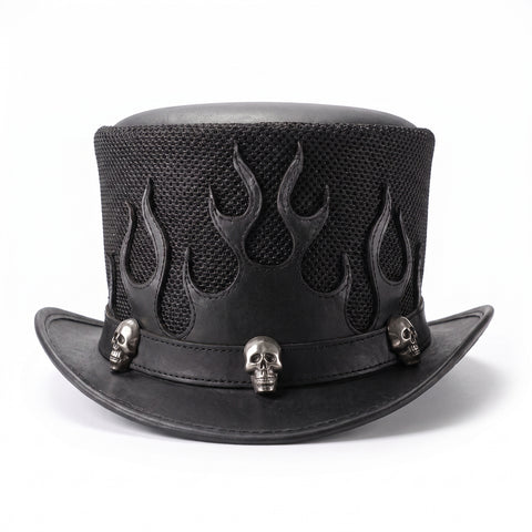Biker Flame Leather Top Hat Fire Cutouts, Breathable Mesh Crown & Silver Skull Studs
