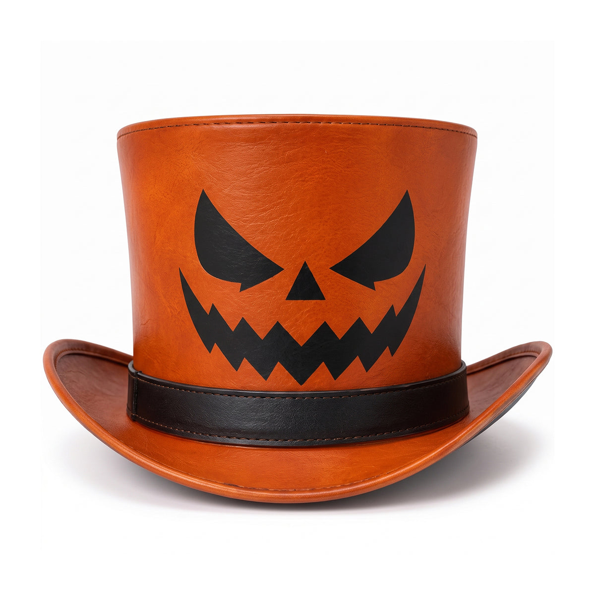 Unisex Genuine Leather Halloween Top Hat - Orange Pumpkin Jack O'Lantern