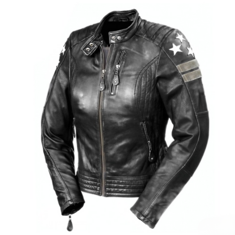 womens black leather biker jacket motorcycle cafe racer star patch design striped sleeves premium moto fashion outerwear stylish durable