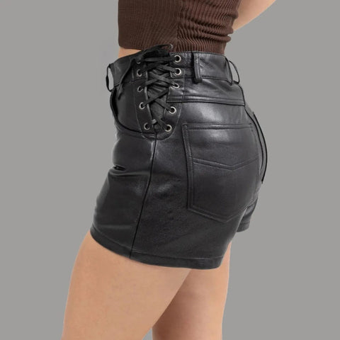 Women’s High-Waisted Leather Lace-Up Mini Shorts Bodycon Hot Pants Front Button Zip Fly Edgy Clubwear Festival Style