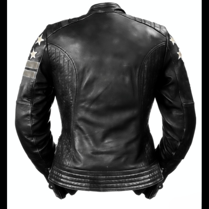 womens black leather biker jacket motorcycle cafe racer star patch design striped sleeves premium moto fashion outerwear stylish durable