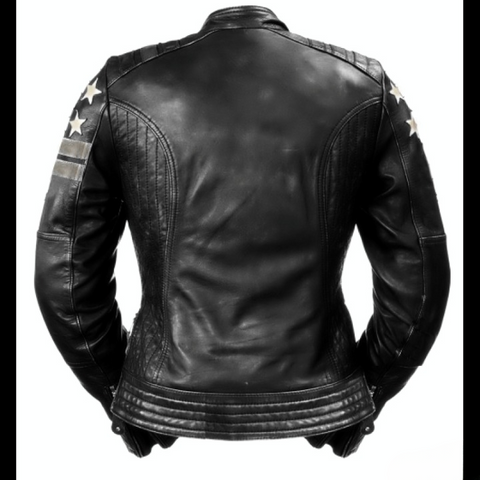 womens black leather biker jacket motorcycle cafe racer star patch design striped sleeves premium moto fashion outerwear stylish durable