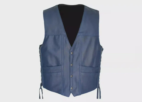 Men’s Blue Cowhide Leather Motorcycle Club Vest – Side Laced Biker Waistcoat
