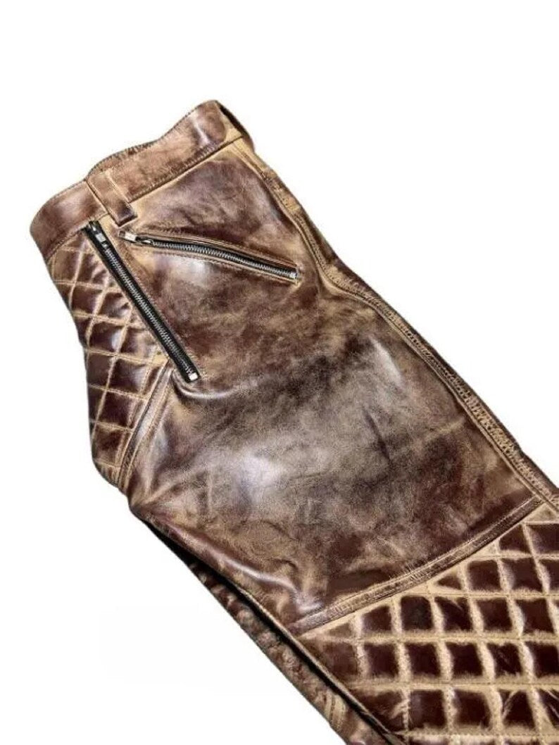 Men's Real Cowhide Leather Quilted Biker Pants | Open Front Bold Clubwear | Unique Fetish Style Trousers