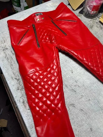 Men's Real Cowhide Leather Quilted Biker Red Pant | Open Front Bold Clubwear | Unique Fetish Style Trouser