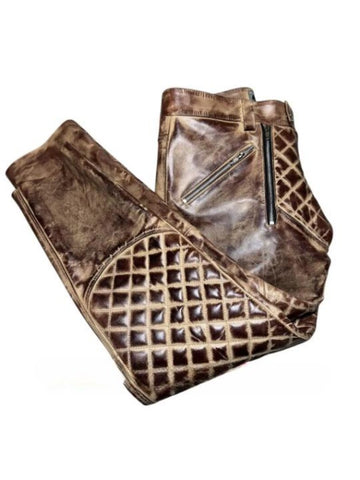 Men's Real Cowhide Leather Quilted Biker Pants | Open Front Bold Clubwear | Unique Fetish Style Trousers