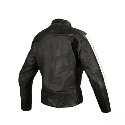 mens black leather motorcycle jacket retro racing stripes cafe racer biker jacket vintage style zippered pockets riding wear