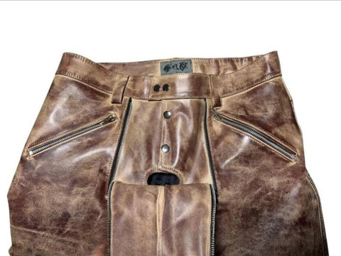 Men's Real Cowhide Leather Quilted Biker Pants | Open Front Bold Clubwear | Unique Fetish Style Trousers