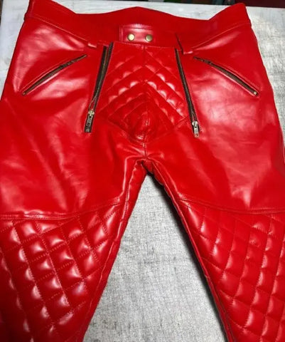 Men's Real Cowhide Leather Quilted Biker Red Pant | Open Front Bold Clubwear | Unique Fetish Style Trouser