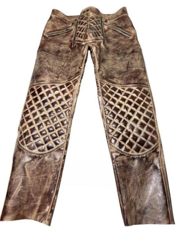 Men's Real Cowhide Leather Quilted Biker Pants | Open Front Bold Clubwear | Unique Fetish Style Trousers