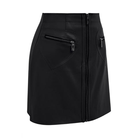 Black Leather Mini Skirt – Front Full-Length Zipper with Decorative Heart-Shaped Zippers