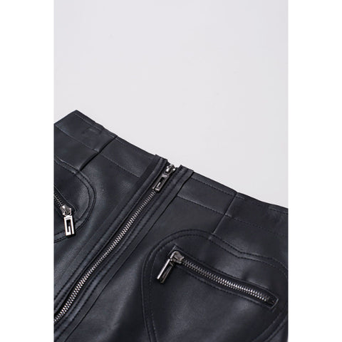 Black Leather Mini Skirt – Front Full-Length Zipper with Decorative Heart-Shaped Zippers