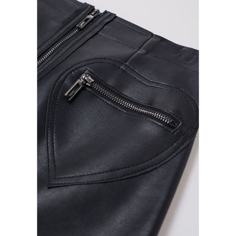 Black Leather Mini Skirt – Front Full-Length Zipper with Decorative Heart-Shaped Zippers
