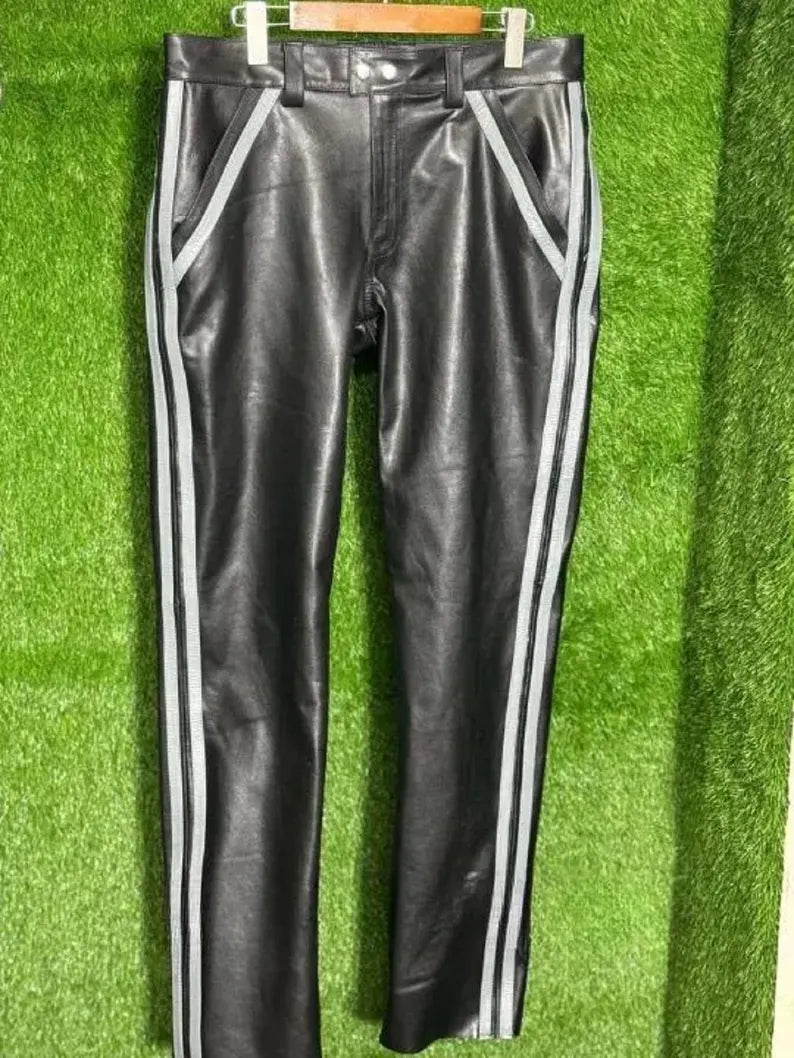 Men’s Real Cowhide Leather Pant with Double Grey Stripes | Biker Style, Clubwear | Handmade Premium Trouser