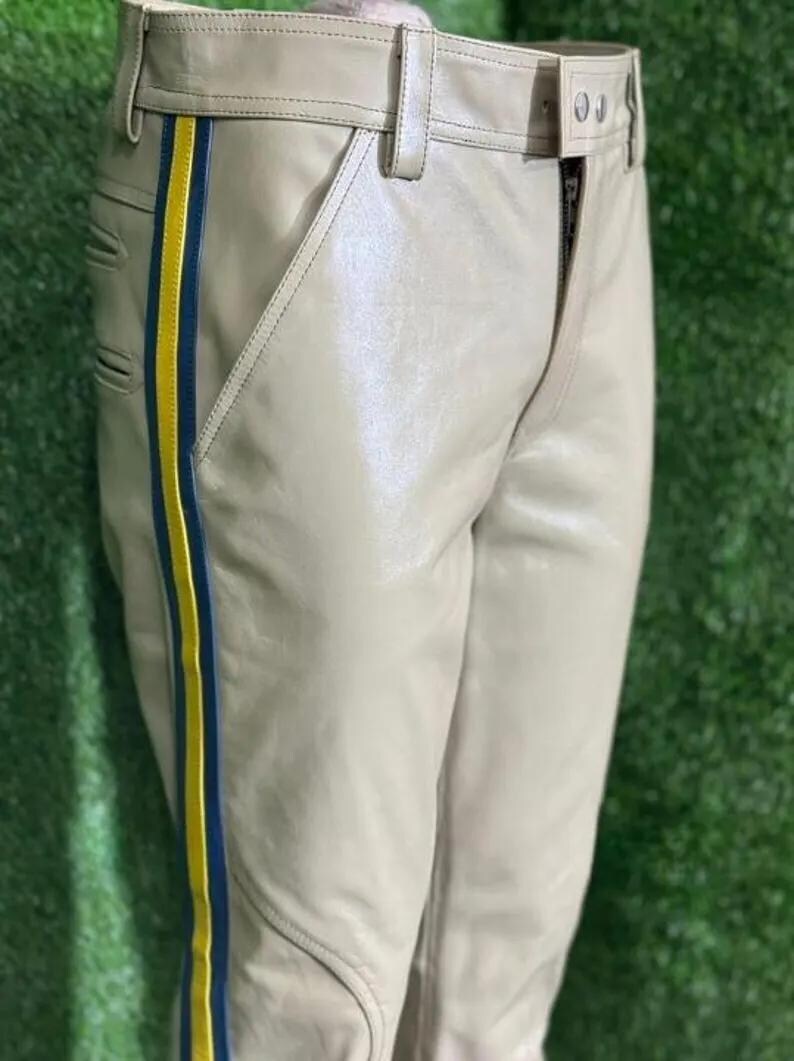 Men’s Beige Real Leather Pants with Blue & Yellow Side Stripes | Handmade Biker Trousers | Club wear, Bold Street Fashion Special Person
