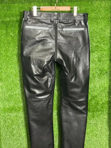 Men’s Real Cowhide Leather Pant with Double Grey Stripes | Biker Style, Clubwear | Handmade Premium Trouser