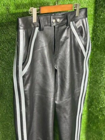 Men’s Real Cowhide Leather Pant with Double Grey Stripes | Biker Style, Clubwear | Handmade Premium Trouser
