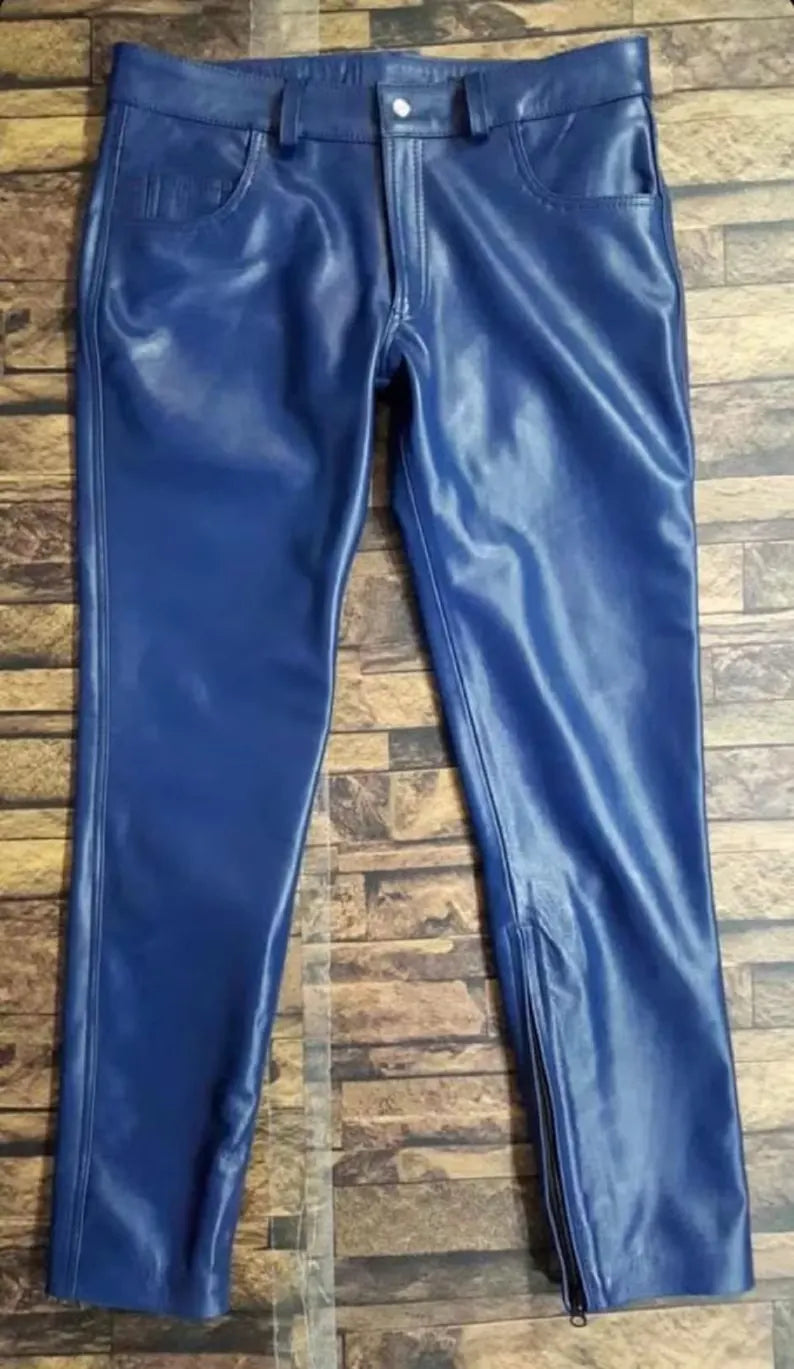 Men's Genuine Cowhide Leather Pants – Handmade Navy Blue 501-Style Leather Jeans | Gift For Any Special Person