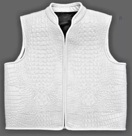 Men’s White Cowhide Leather Vest – Crocodile Pattern | Biker, Builder, Western Cowboy Motorcycle Vest | Gift for Him