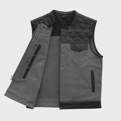 Men’s Black and Gray Leather/Denim Motorcycle Clubwear  Vest