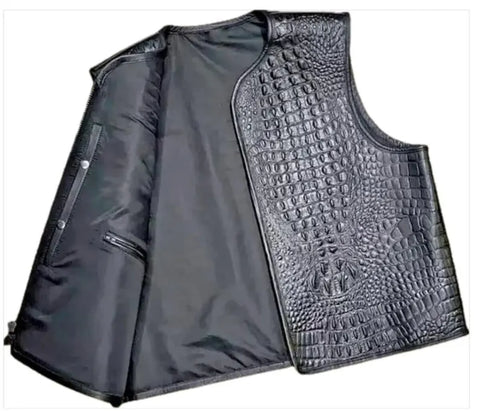 Men’s Motorcycle Vest – Handcrafted Gator Embossed Cowhide Leather | Crocodile Pattern Biker Waistcoat | Hand-Braided Crocodile Leather Vest