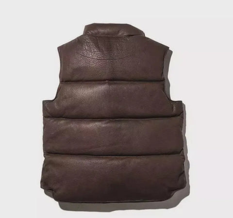 Men's Cowhide  Leather Puffer Motorcycle Vest Casual Fashion Waistcoat