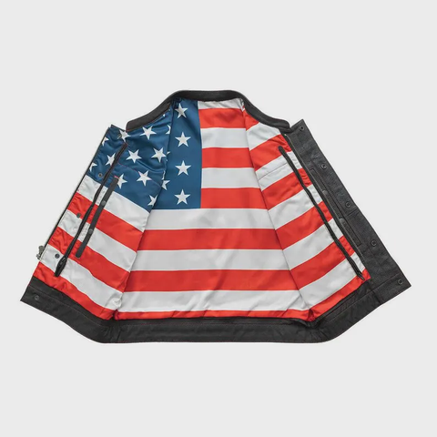 Men's Black Cowhide Leather Vest Clubwear Motorcycle Vest USA Flag Inner Biker Waistcoat