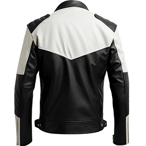 Men’s Black & White Leather Racer Jacket – Genuine Lambskin Biker Style