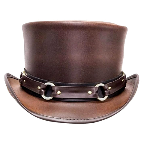 Handcrafted Steampunk Genuine Leather Brown Top Hat, Gothic Western Cosplay Costume Hat