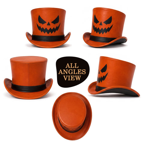 Unisex Genuine Leather Halloween Top Hat - Orange Pumpkin Jack O'Lantern