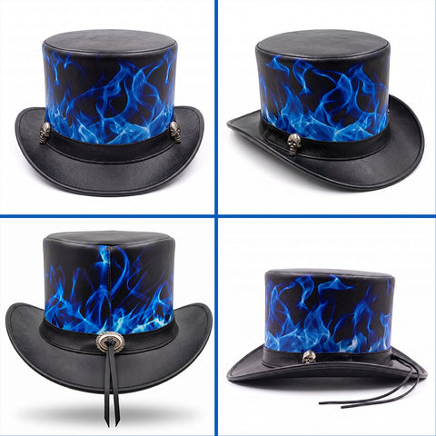 Handmade Black Leather Top Hat, Blue Flame Skull Steampunk Biker Headwear