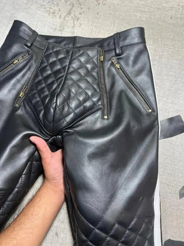 Men's Real Cowhide Leather Quilted Biker Pants | Open Front Bold Clubwear | Unique Fetish Style Trousers