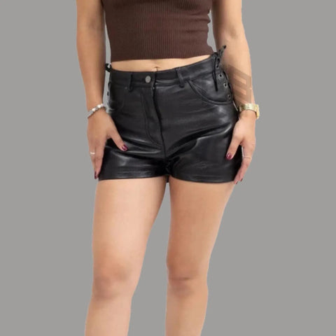 Women's Black Lamb Leather Shorts – Edgy Street wear with Side Laces, High-Waisted Fit, and Bold Urban Appeal