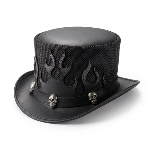 Biker Flame Leather Top Hat Fire Cutouts, Breathable Mesh Crown & Silver Skull Studs