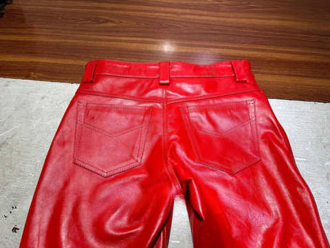 Men's Red Cowhide Leather Bell Bottom Pants – Gothic Flare Trousers, Retro 70s Style Biker Clubwear, Punk Rock Festival Outfit