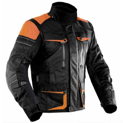 Premium Dynatech Orange Flour Black Motorcycle Textile All-Weather Jacket – Protective, Breathable & Versatile Riding Gear for Men