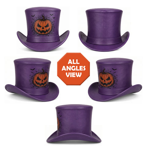 Purple Halloween Leather Top Hat | Spooky Pumpkin & Bats Costume Hat