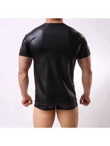 Men’s Shiny Black Leather T-Shirt – Soft Matte Short Sleeve Top Plus Size Available