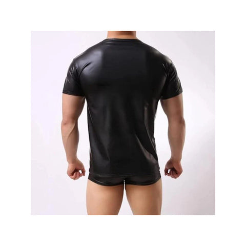 Men’s Shiny Black Leather T-Shirt – Soft Matte Short Sleeve Top Plus Size Available