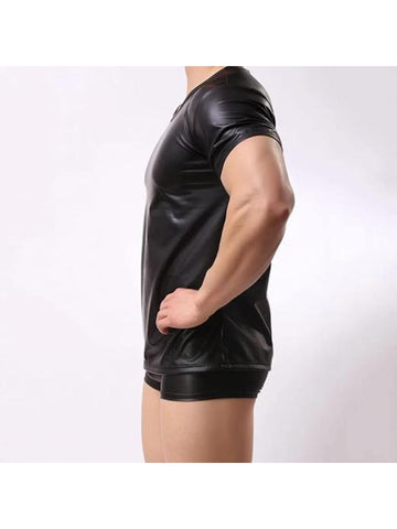 Men’s Shiny Black Leather T-Shirt – Soft Matte Short Sleeve Top Plus Size Available