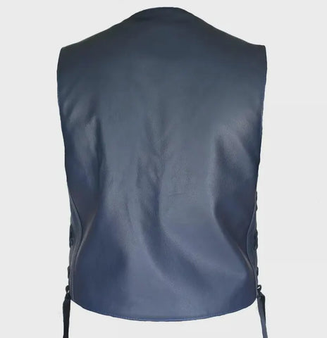 Men’s Blue Cowhide Leather Motorcycle Club Vest – Side Laced Biker Waistcoat