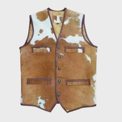 Men's Real Cowhide Leather Vest – Natural Hair-On Western Cowboy Style Waistcoat – Handmade & Unique Pattern Special Gift