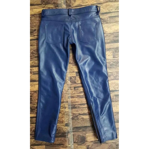 Men’s Genuine Cowhide Leather Pants – Handmade Navy Blue Leather Jeans for Stylish Wear