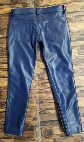 Men's Genuine Cowhide Leather Pants – Handmade Navy Blue 501-Style Leather Jeans | Gift For Any Special Person