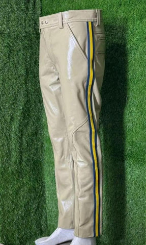 Men’s Beige Real Leather Pants with Blue & Yellow Side Stripes | Handmade Biker Trousers | Club wear, Bold Street Fashion Special Person