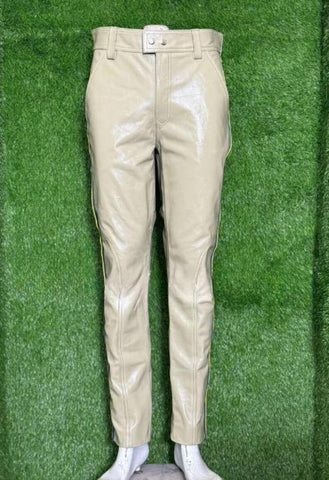 Men’s Beige Real Leather Pants with Blue & Yellow Side Stripes | Handmade Biker Trousers | Club wear, Bold Street Fashion Special Person
