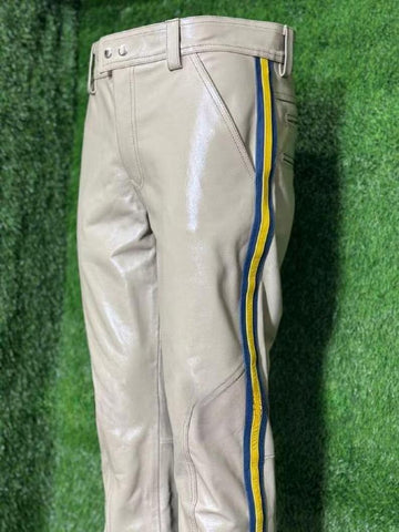 Men’s Beige Real Leather Pants with Blue & Yellow Side Stripes | Handmade Biker Trousers | Club wear, Bold Street Fashion Special Person