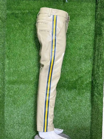 Men’s Beige Real Leather Pants with Blue & Yellow Side Stripes | Handmade Biker Trousers | Club wear, Bold Street Fashion Special Person