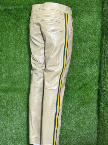 Men’s Beige Real Leather Pants with Blue & Yellow Side Stripes | Handmade Biker Trousers | Club wear, Bold Street Fashion Special Person