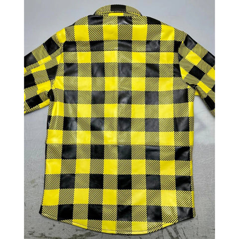 Men’s Yellow & Black Plaid Cowhide Leather Shirt – Handmade Streetwear Biker Top Gift for Him